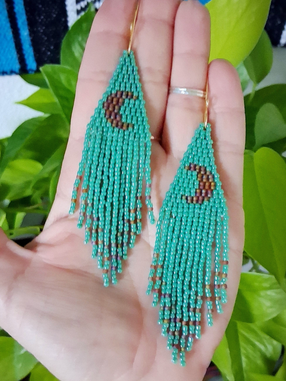 Turquoise Beaded Fringe Earrings with Crescent Accent